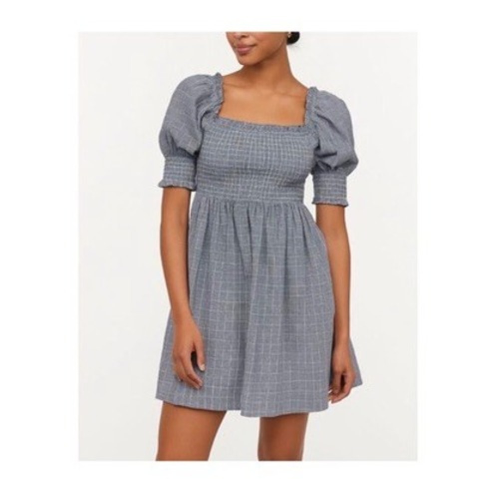 Hill House Home The Ellie Nap Dress Blue Plaid Smocked Puff Sleeve Mini XS NWOT